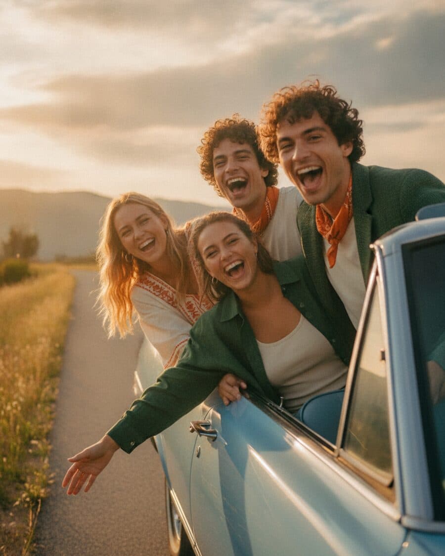 Patru prieteni râd dintr-o mașină, într-un road trip la apus